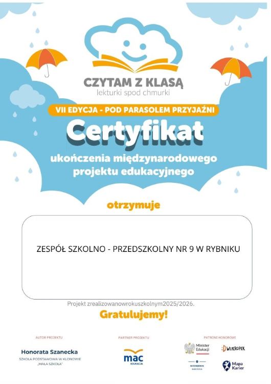 Certyfikat Czytam z Klasą 