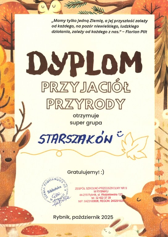 DYPLOM PRZYJACIÓŁ PRZYRODY