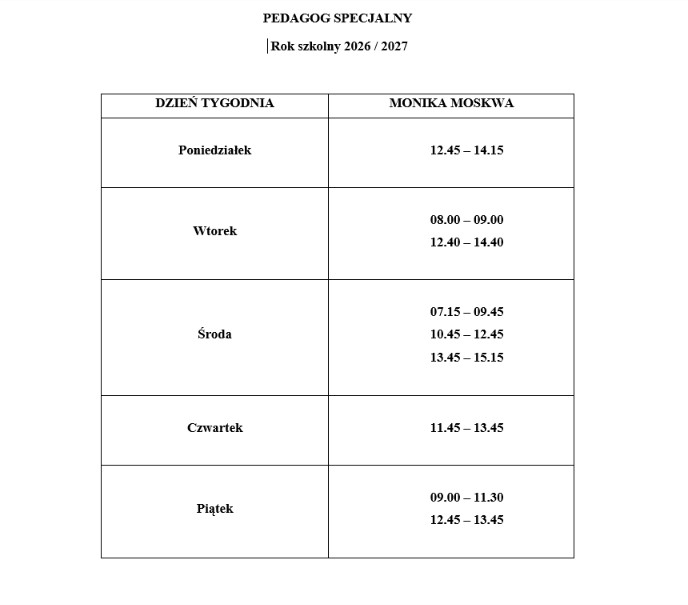 Godziny pracy Pedagog Specjalny