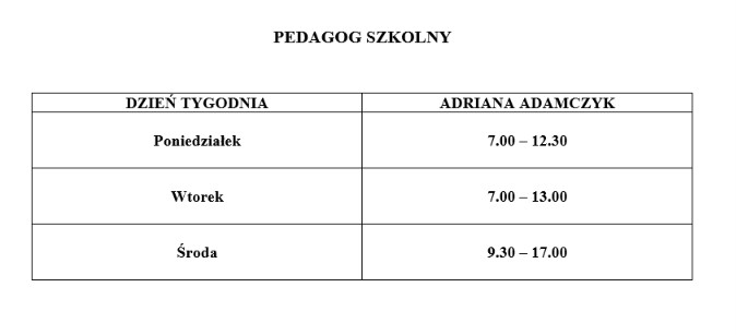 Godziny pracy pedagoga szkolnego